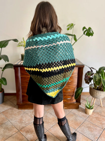 1970's vintage hand knit wool teal , black and yell stripe knit shawl