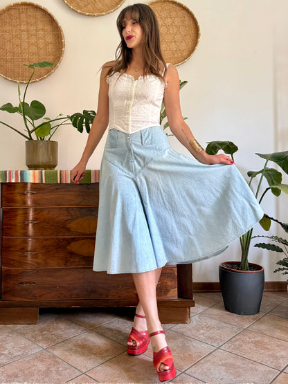 1970’s vintage light wash denim midi skirt
