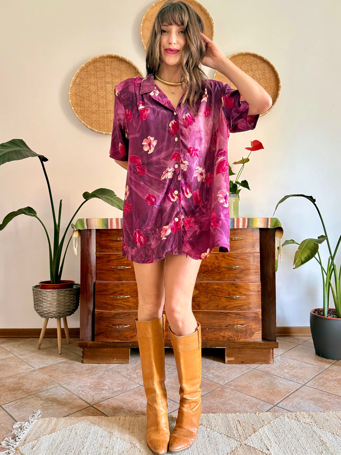 1980’s vintage fucsia and purple multi tonal floral shirt dress