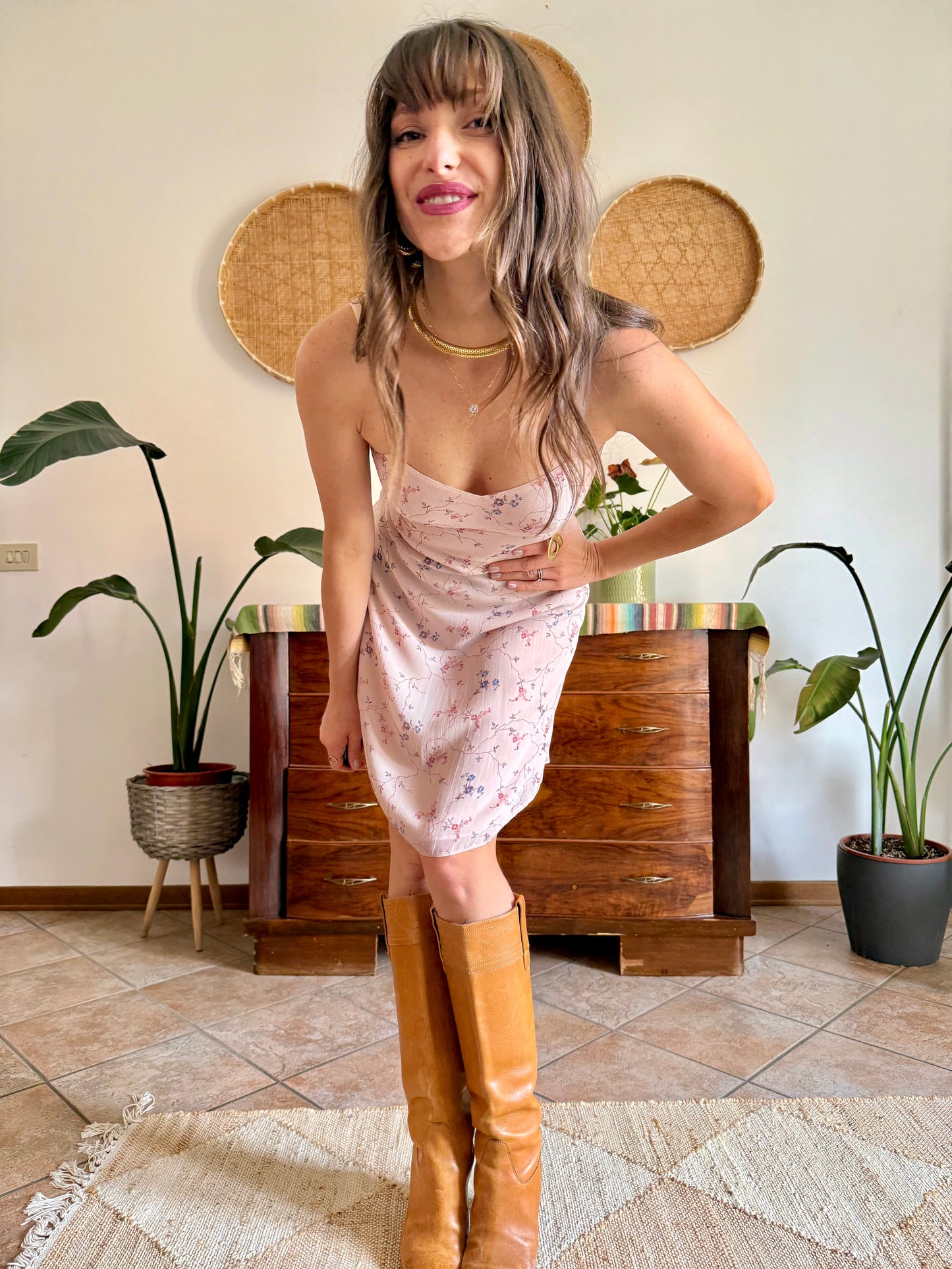 1990’s vintage powder pink slip dress with floral print
