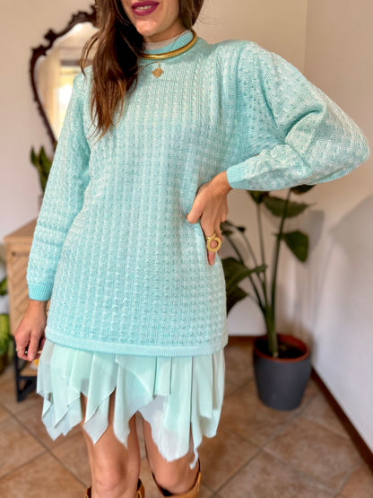 Y2k vintage light turquoise and silver wool blend  cable knit pullover