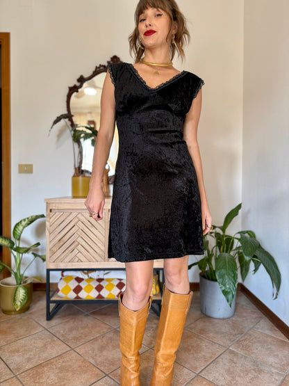 1990’s black velvet midi dress with lace trim