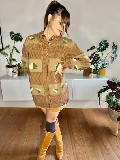1970's vintage oversize tan trip knit cardigan with green leaf knit pattern
