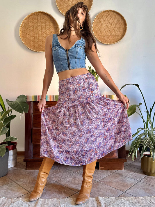 1990's vintage floral lilac, coral, and pink and blue floral midi skirt