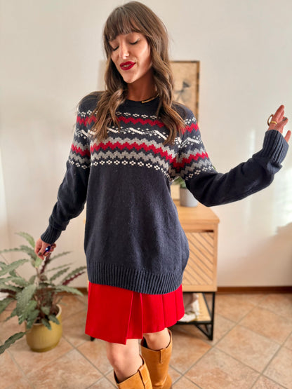 1990’s vintage navy blue knit pullover with red and cream geometric pattern