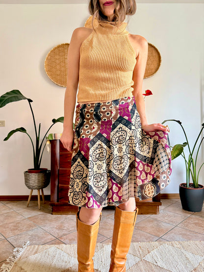 Y2K vintage burgundy, tan and black geometric print midi skirt