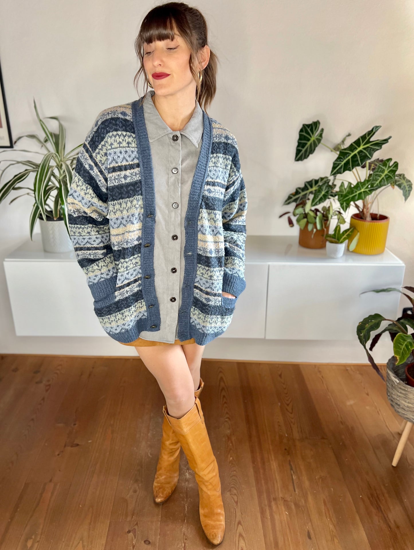 1970's vintage oversize blue and cream stripe cardigan