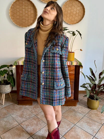 1970's vintage oversize wool blue, turquoise, and grey houndstooth plaid coat