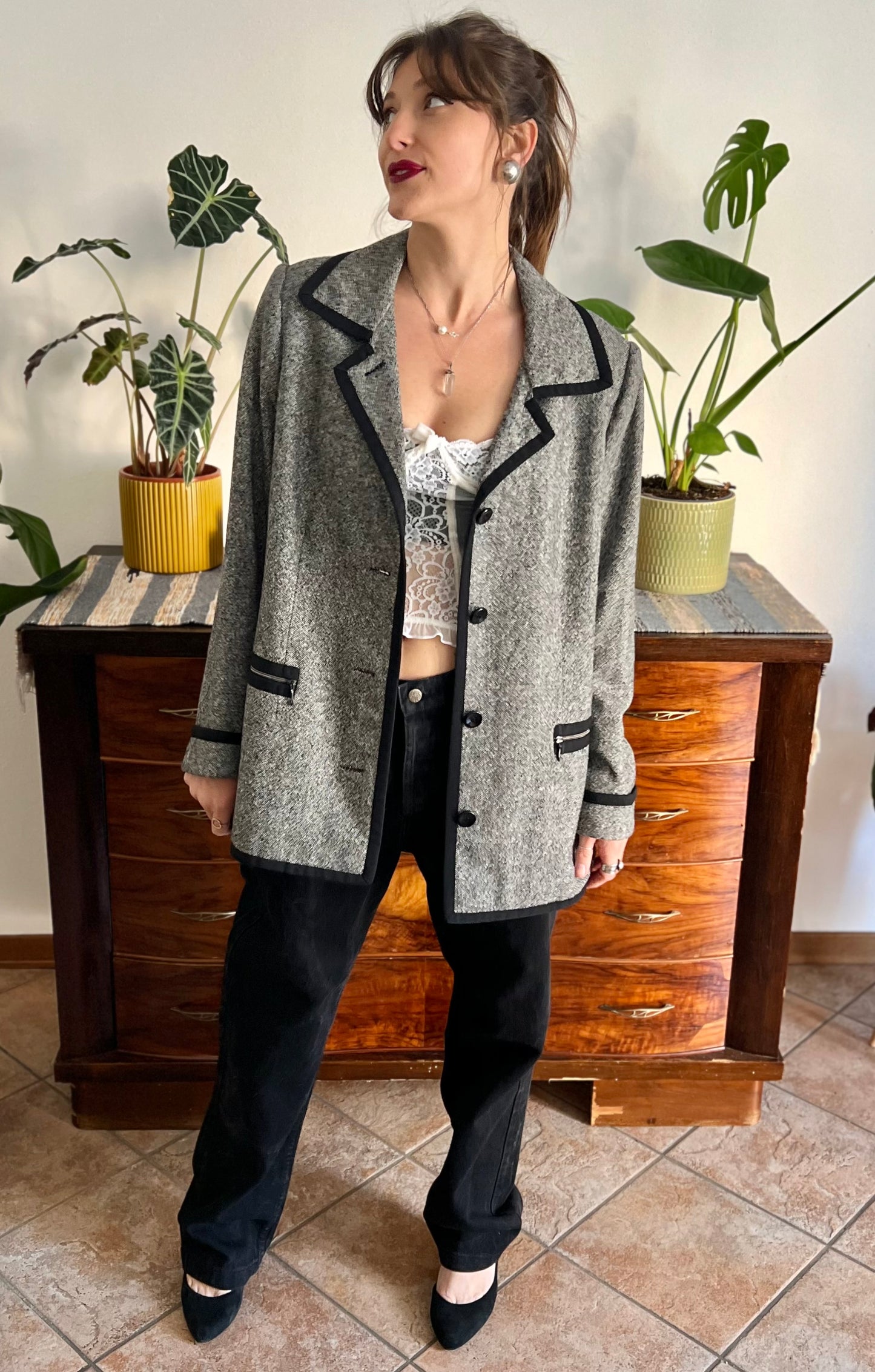 1990's vintage grey tweed oversize blazer with black trim