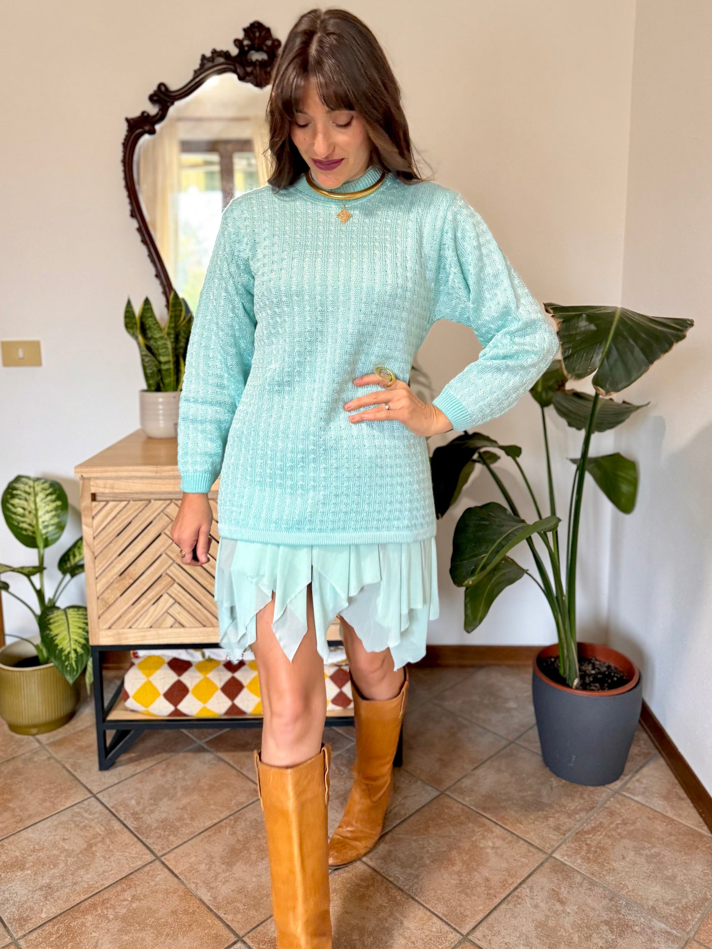 Y2k vintage light turquoise and silver wool blend  cable knit pullover