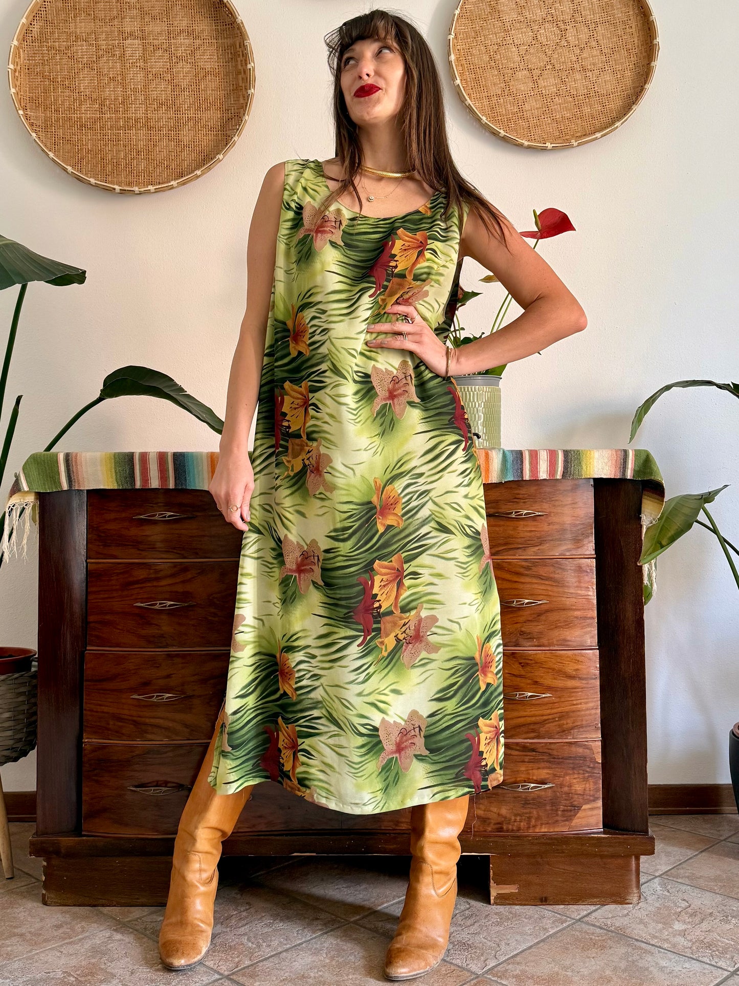 1990's vintage green and burgundy safari print maxi dress