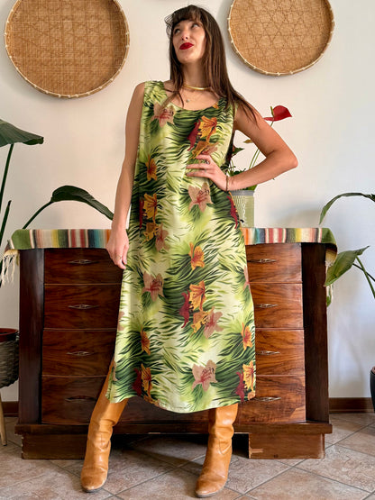 1990's vintage green and burgundy safari print maxi dress