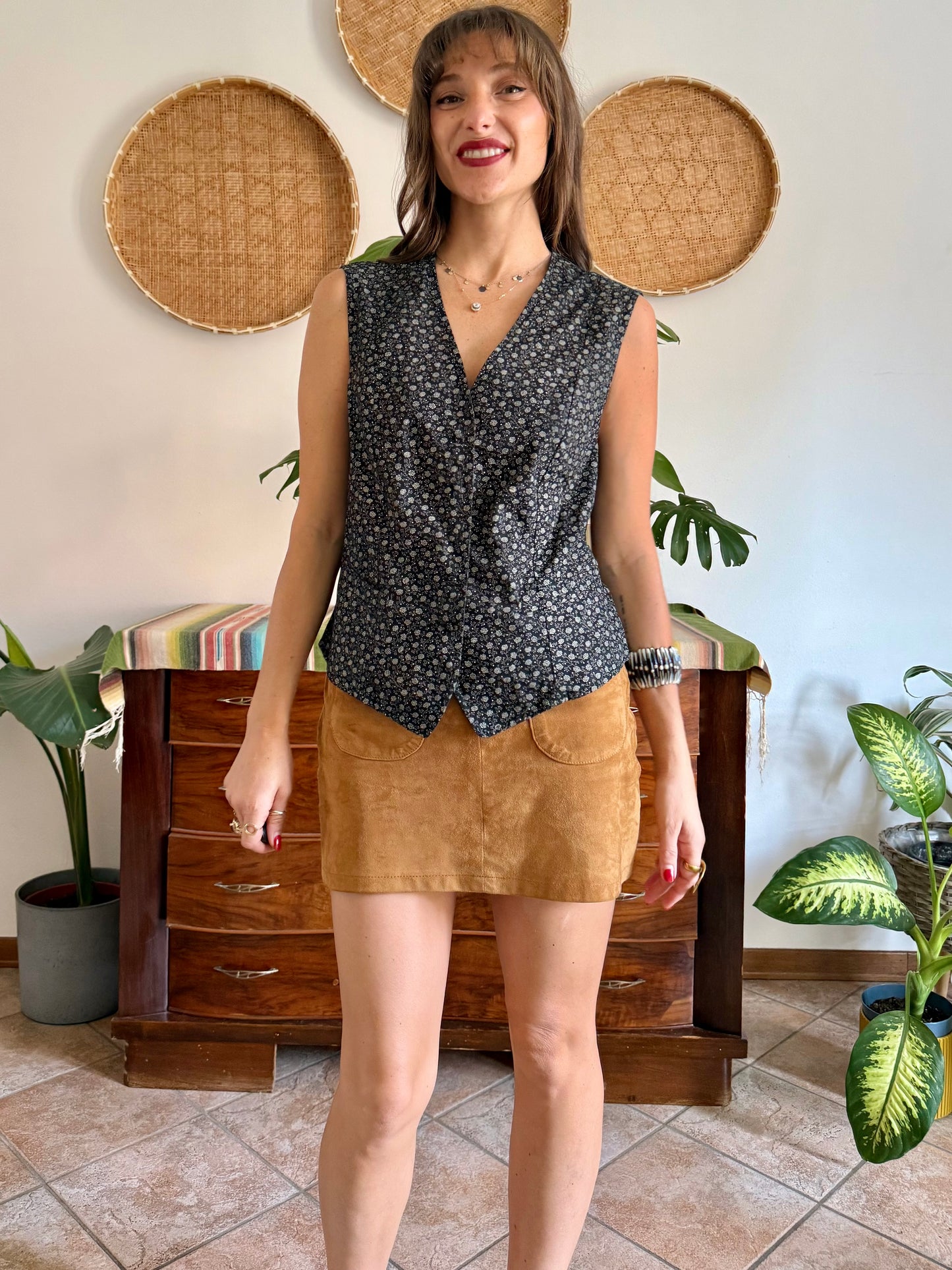 1970’s vintage black cotton vest with white floral print