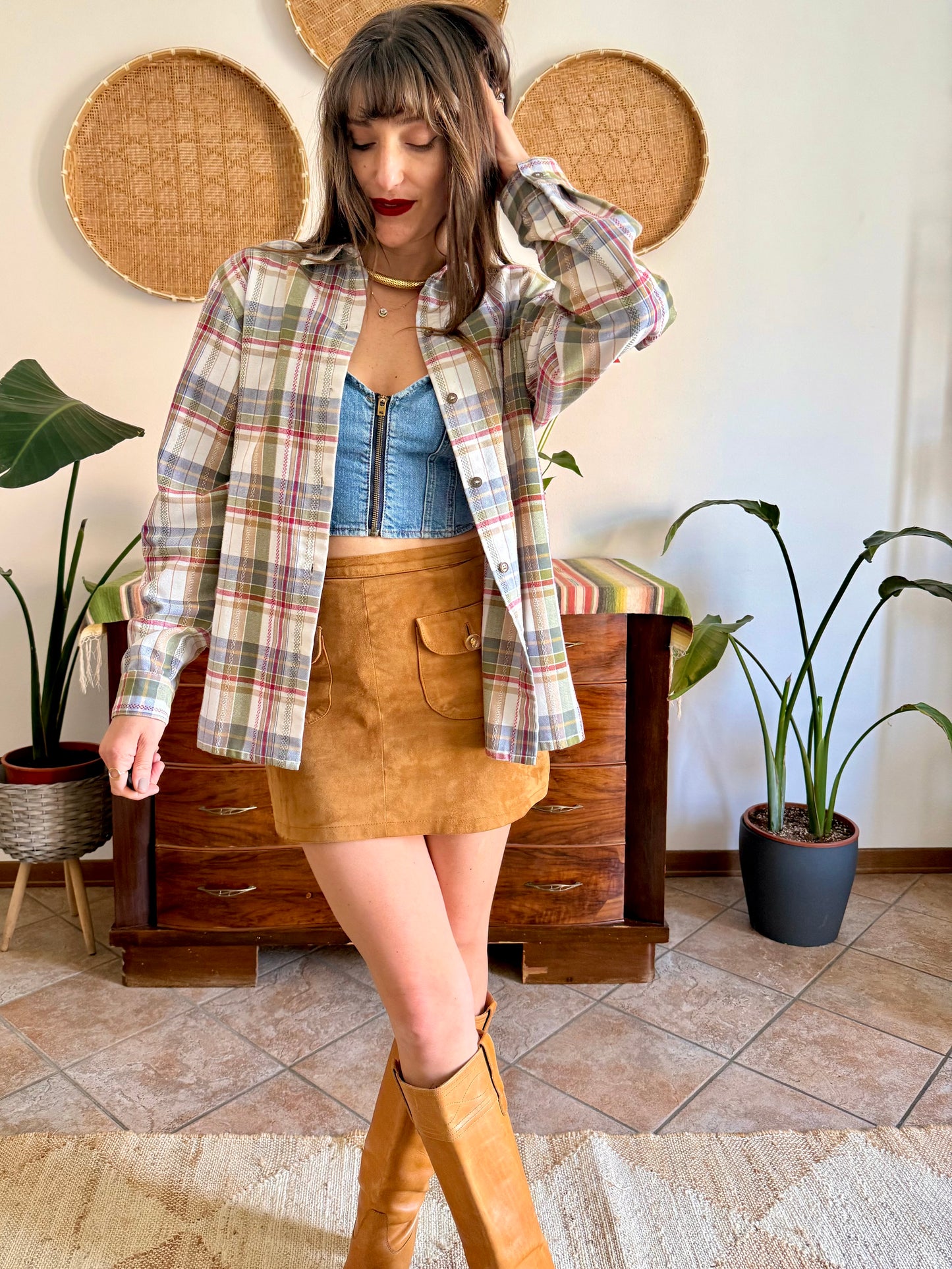 1970's vintage red, green and cream textured western style plaid button down shirt