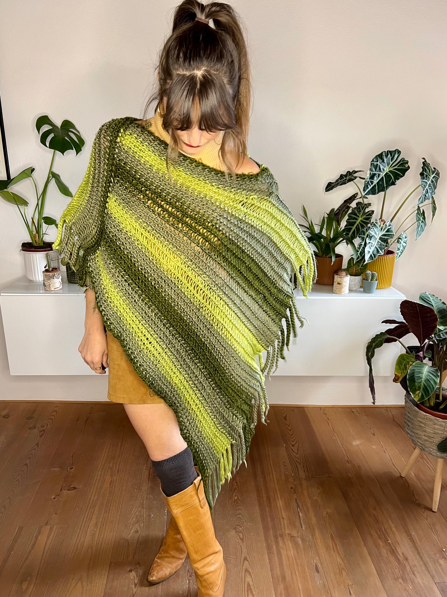 1970's vintage wool multitonal green stripe knit poncho with fringe details