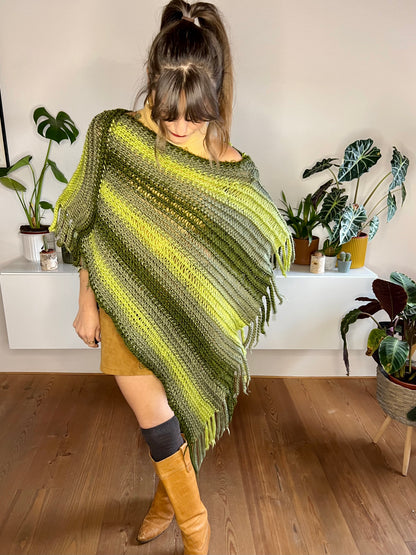 1970's vintage wool multitonal green stripe knit poncho with fringe details
