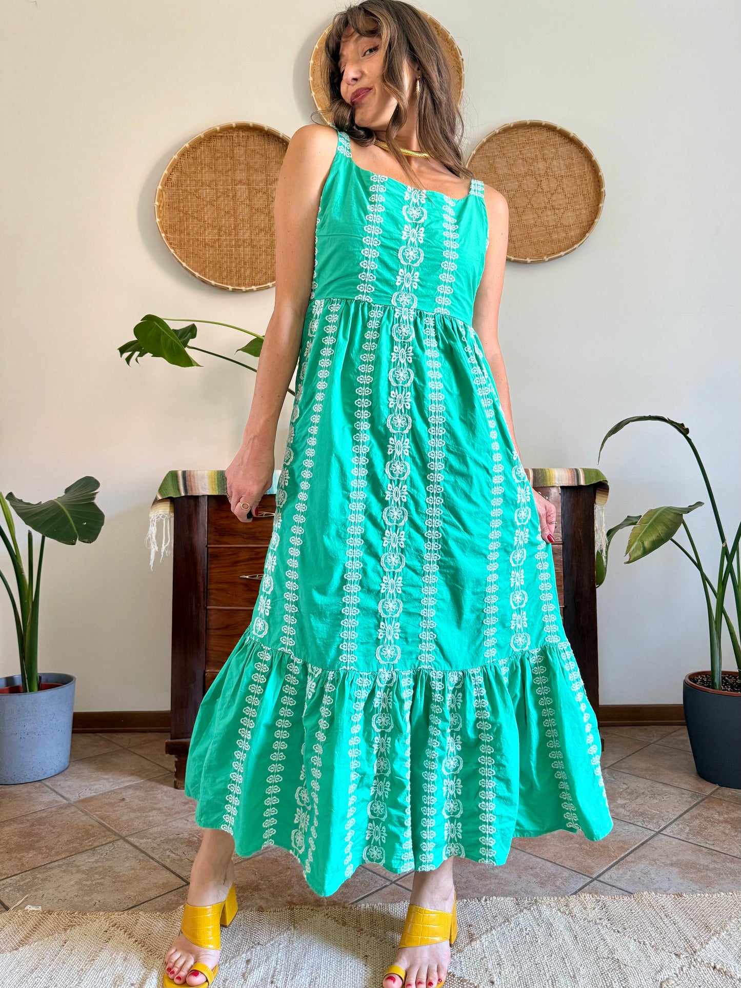 Y2K vintage green prairie maxi dress with white floral embroidery