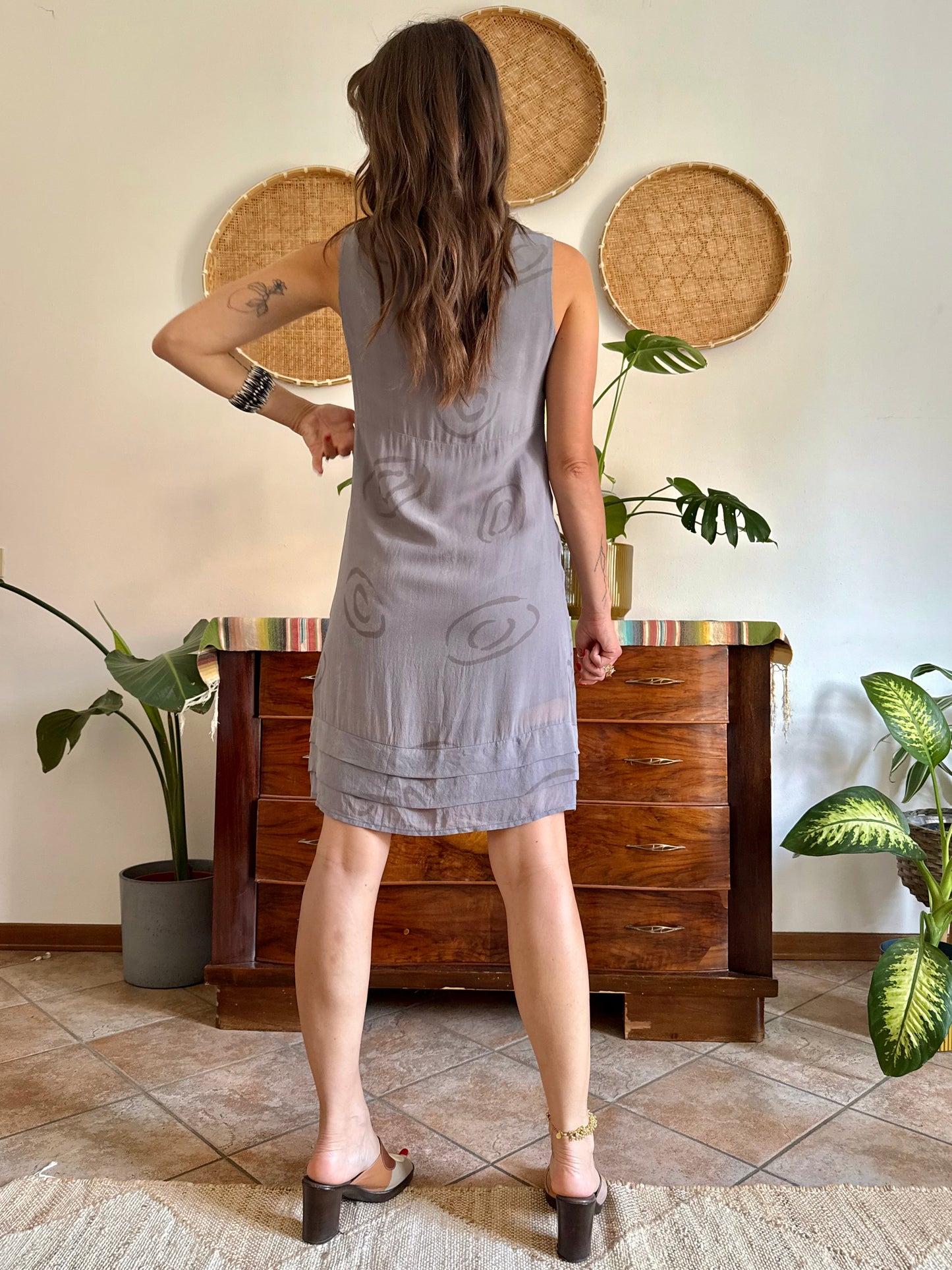 1990’s vintage grey silk mini slip dress with geometric pattern and silver textured details