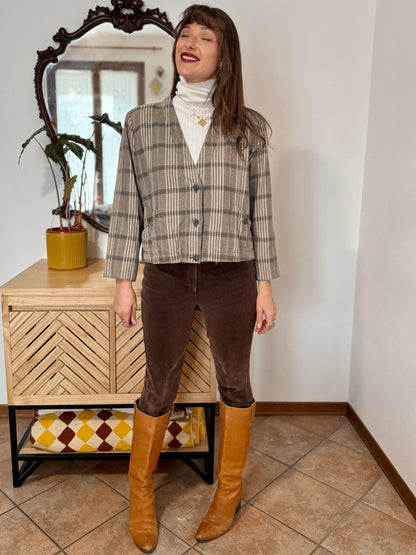 1970's vintage brown and cream plaid cropped blazer