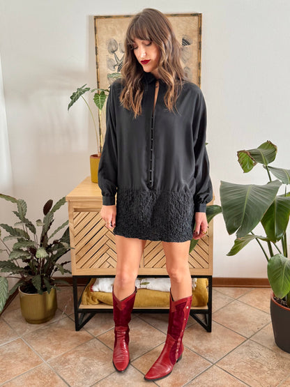 1960’s vintage rouched bottom black satin mini dress