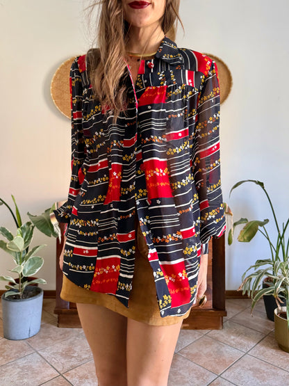 1970's vintage black, red and yellow stripe and floral print blouse