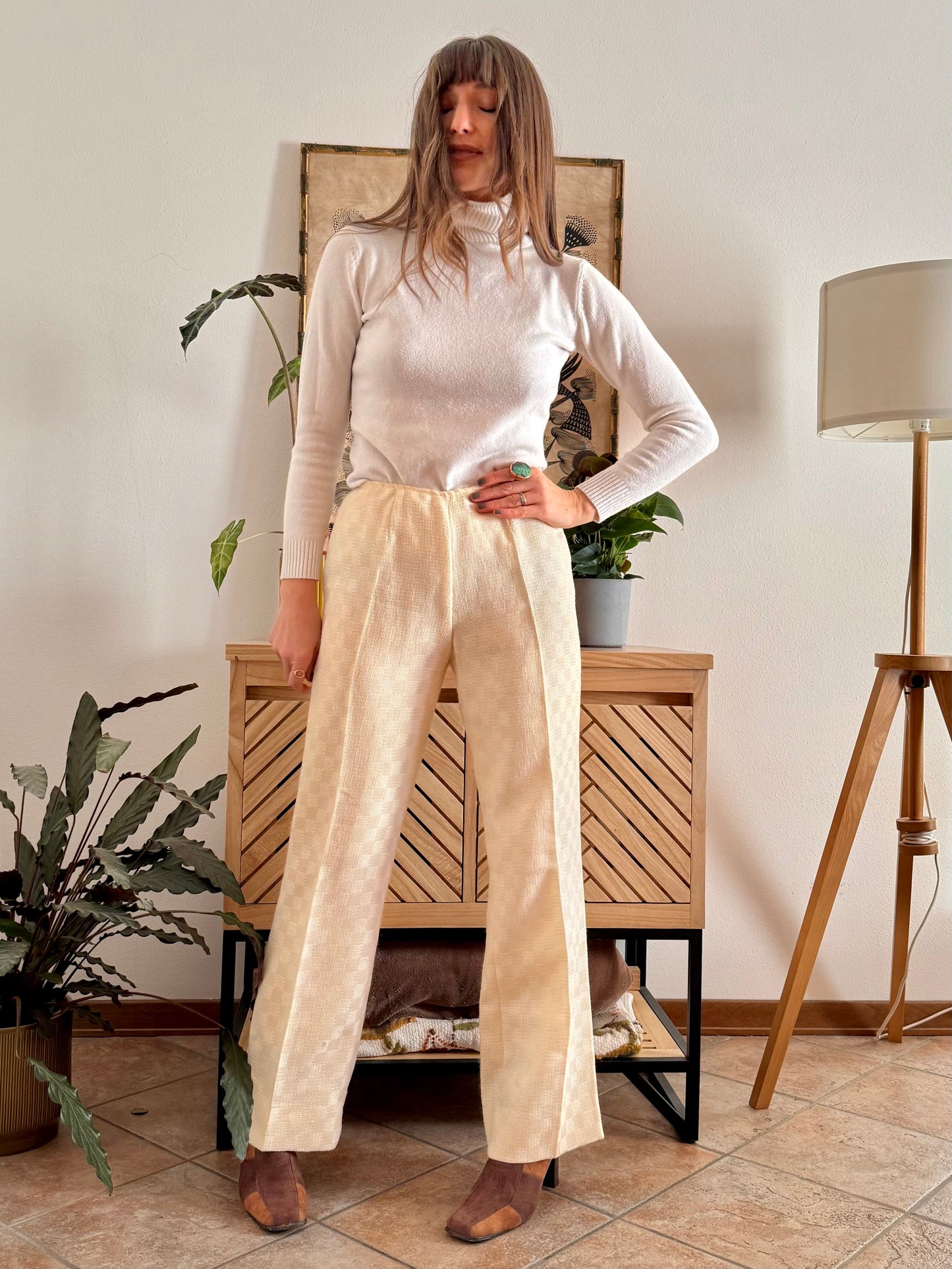 1970's vintage cream checkered weave tweed wool trousers