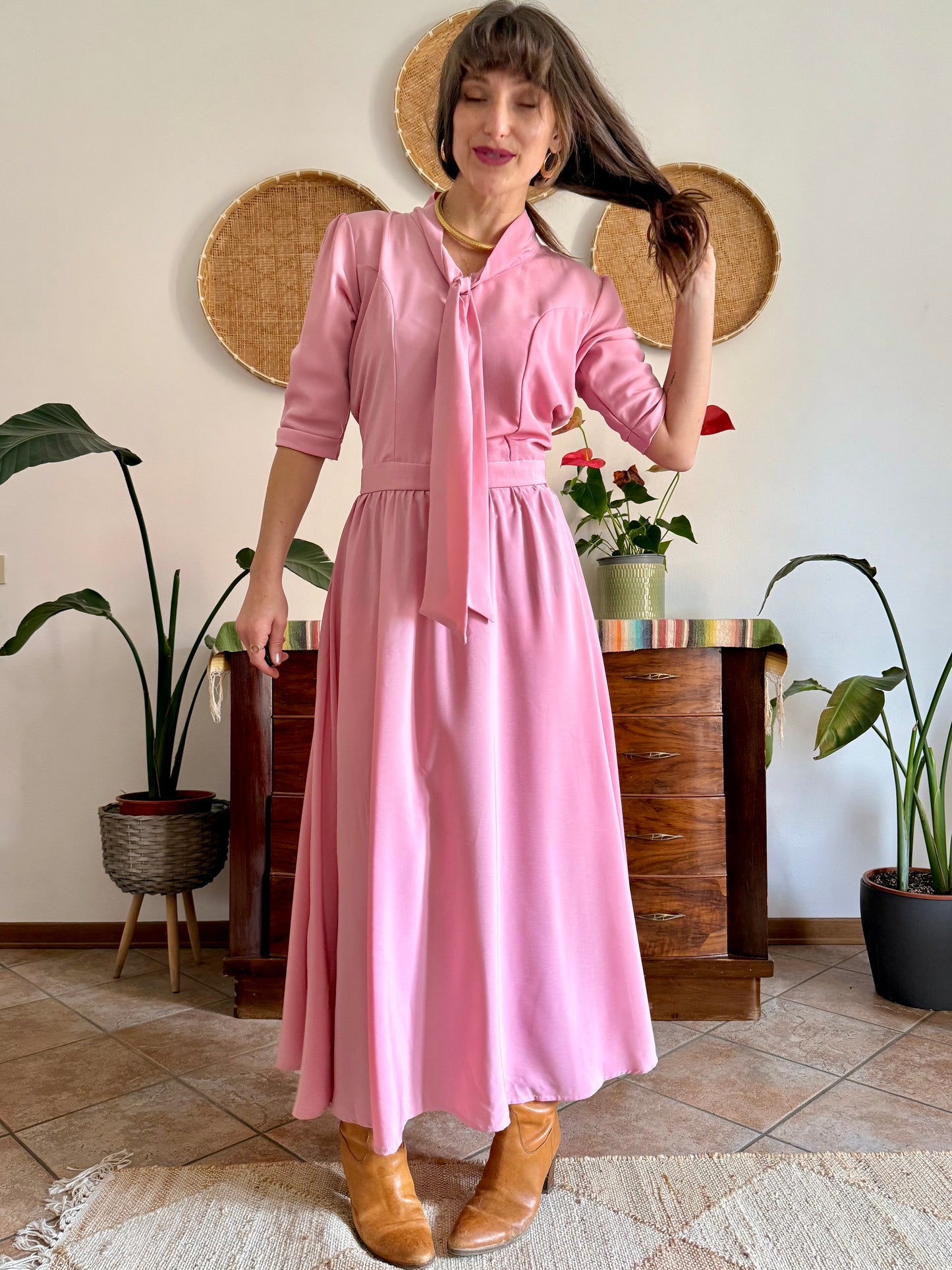 1970’s vintage pink maxi dress with bow tie collar