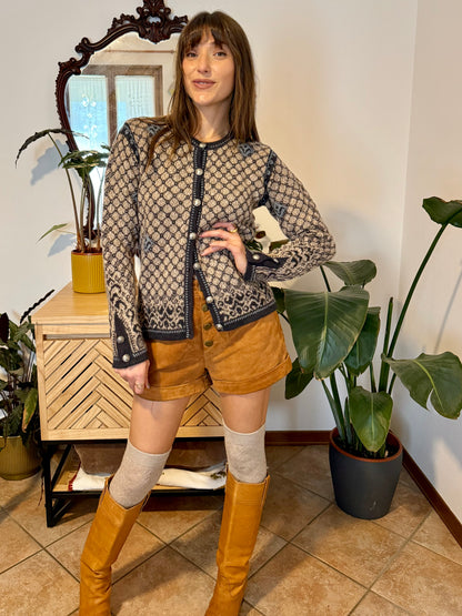 1990's vintage grey and beige alpaca knit cardigan with turquoise geometric pattern