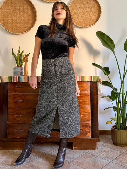 1970’s vintage dark grey animal print denim midi skirt
