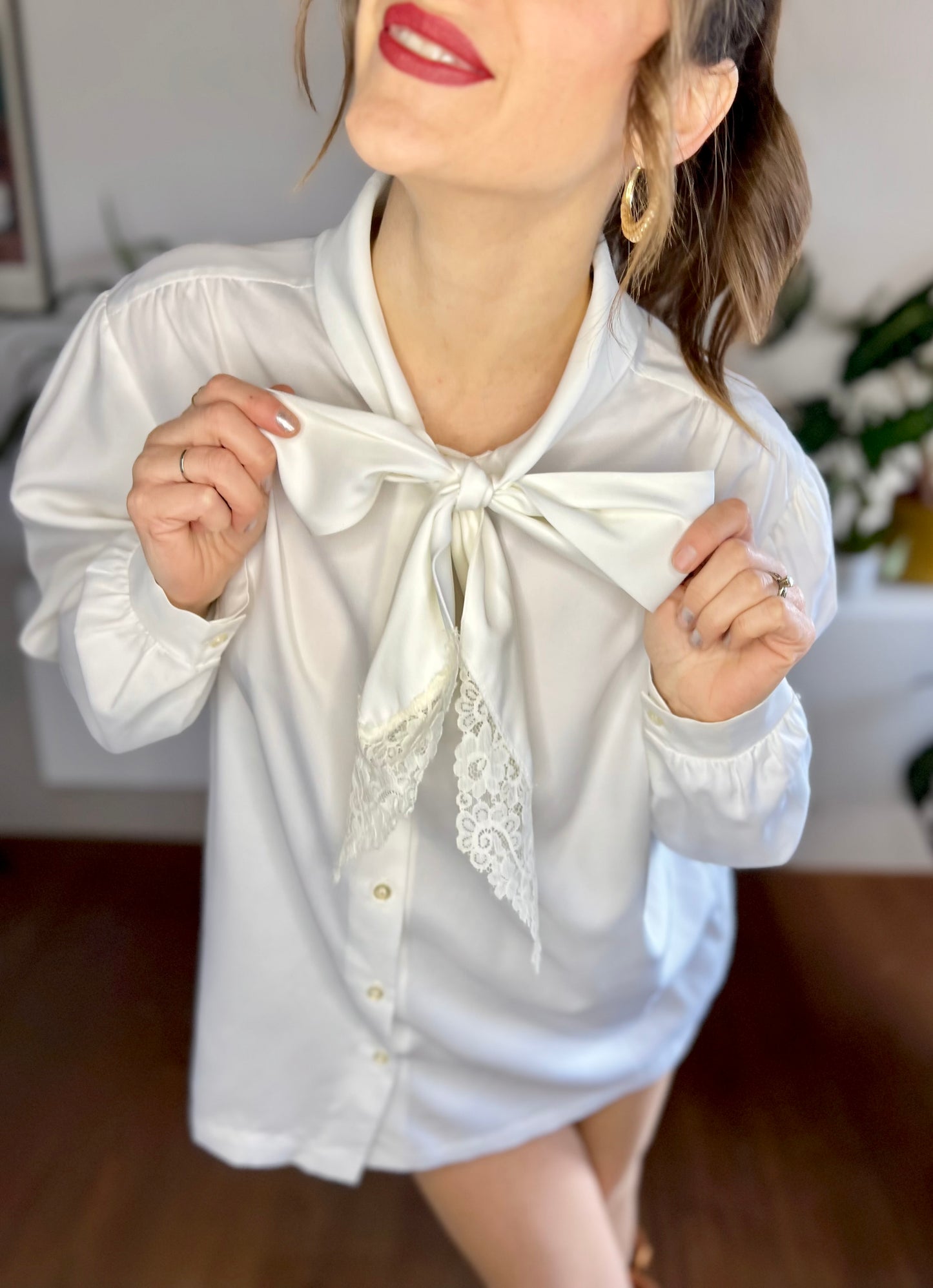 1970's vintage cream bow tie blouse with lace trim