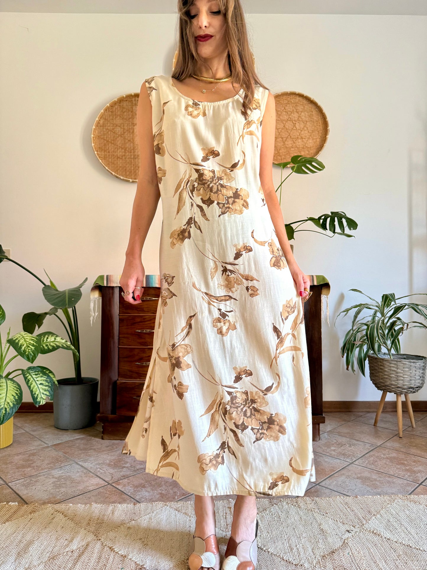 1990's vintage beige floral maxi dress with chocolate brown floral print