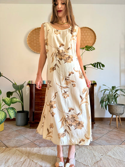 1990's vintage beige floral maxi dress with chocolate brown floral print