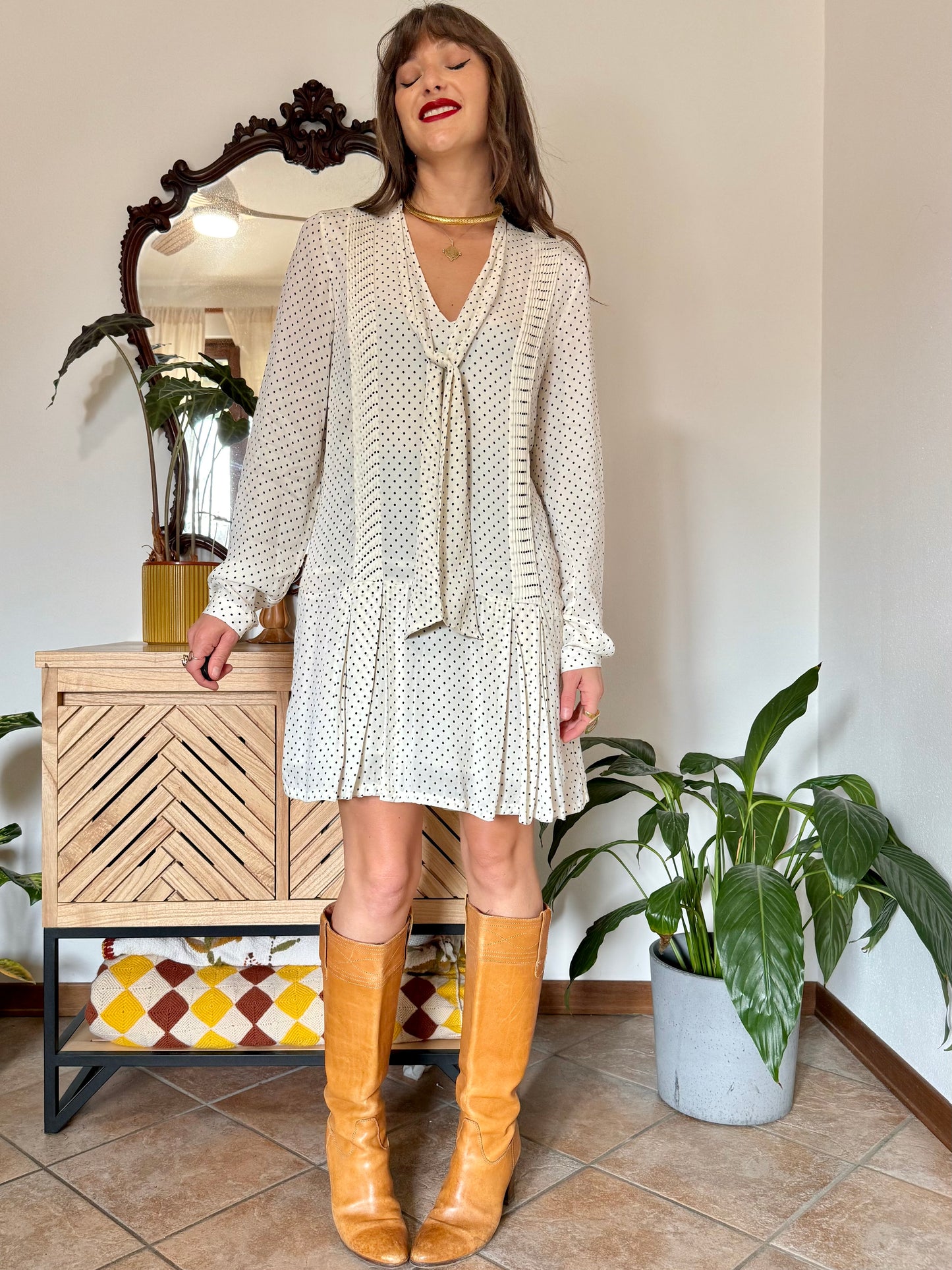 1990’s vintage cream pleated mini dress with black polkadots and bow tie neck