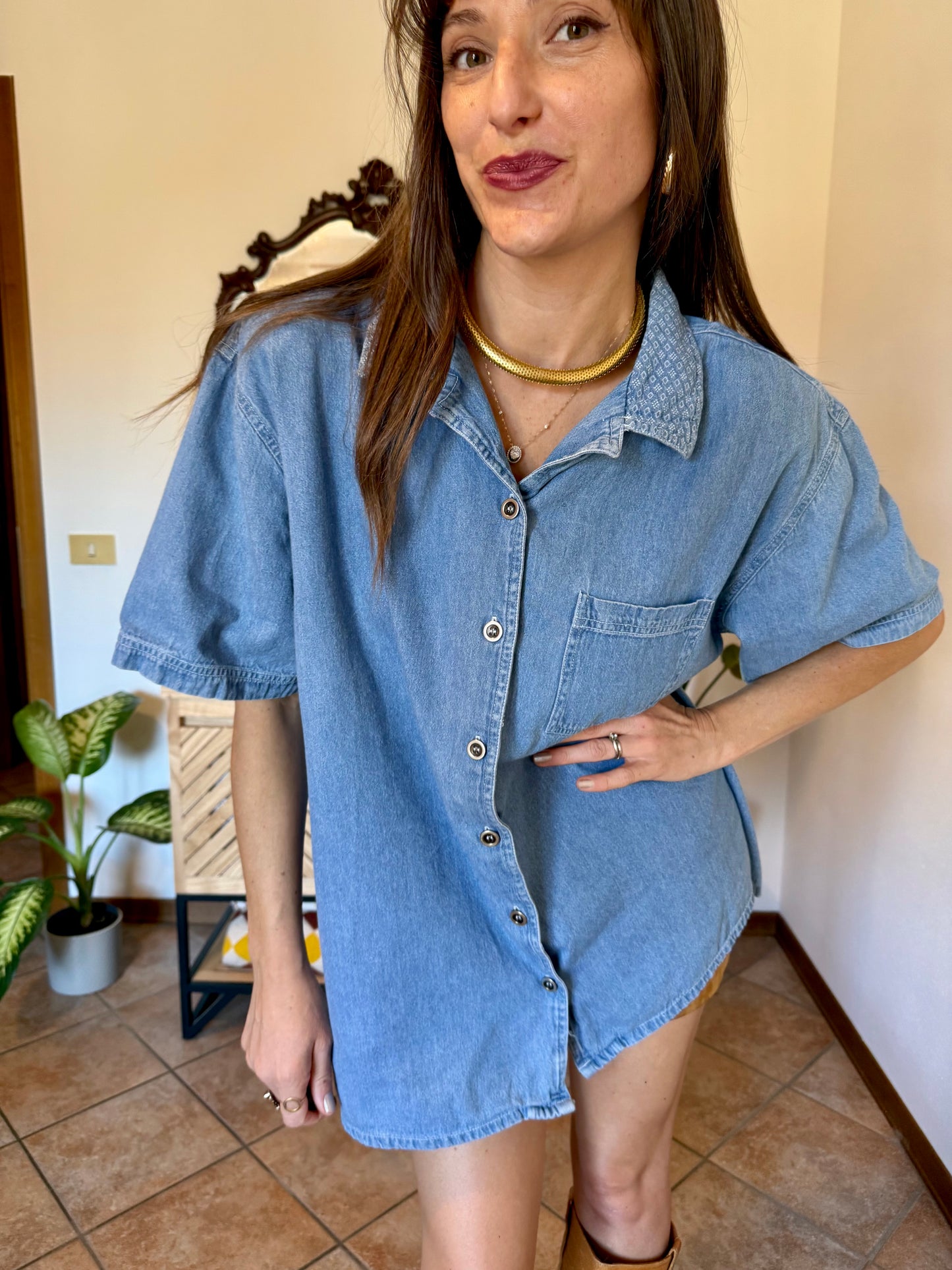 1990’s vintage light was denim shirt with geometric woven collar detailing
