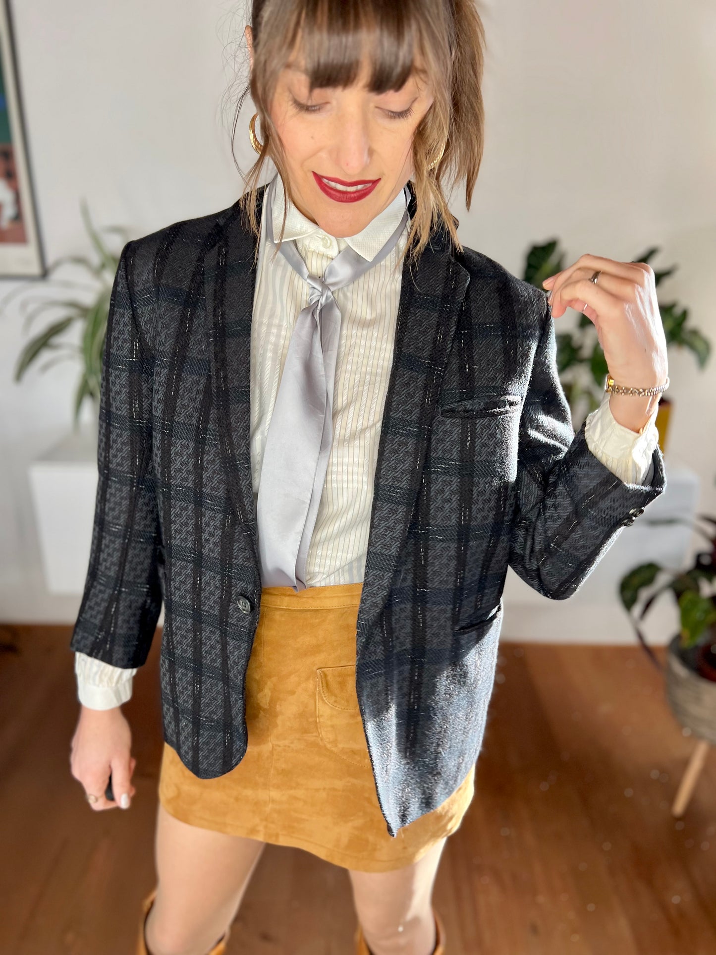 1970's black and blue tailored wool plaid blazer