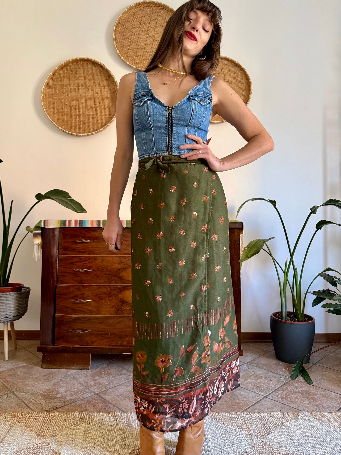 1990's vintage olive green, brown and dark orange floral wrap maxi skirt