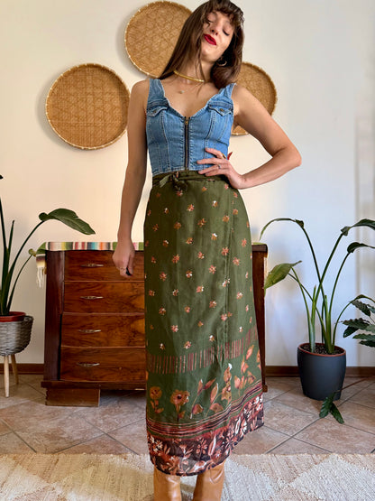 1990's vintage olive green, brown and dark orange floral wrap maxi skirt