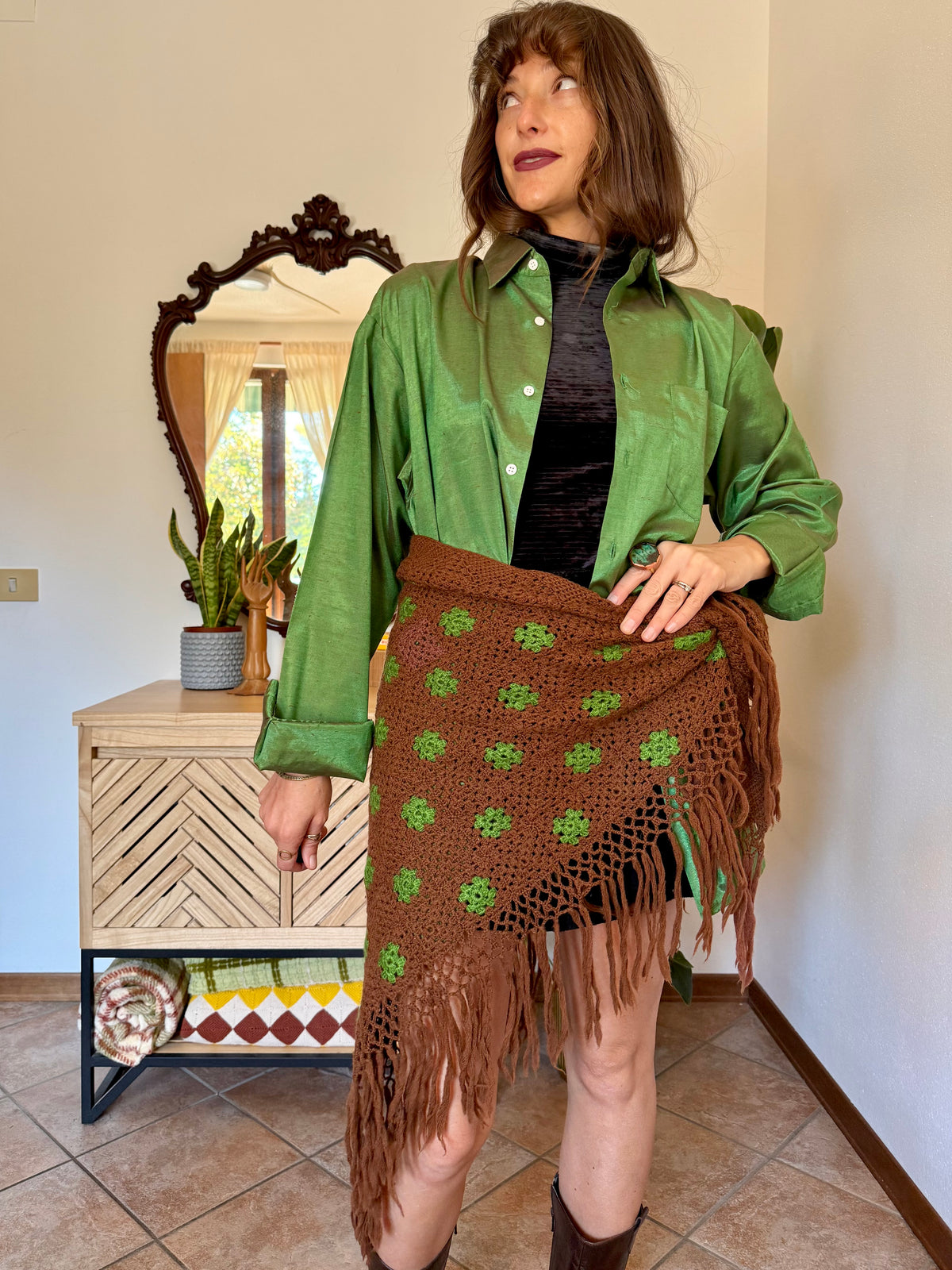 1970’s vintage chocolate brown and green knit shawl with fringe trim