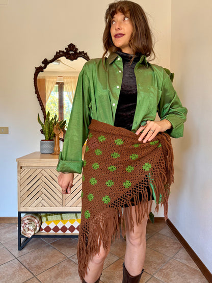 1970’s vintage chocolate brown and green knit shawl with fringe trim