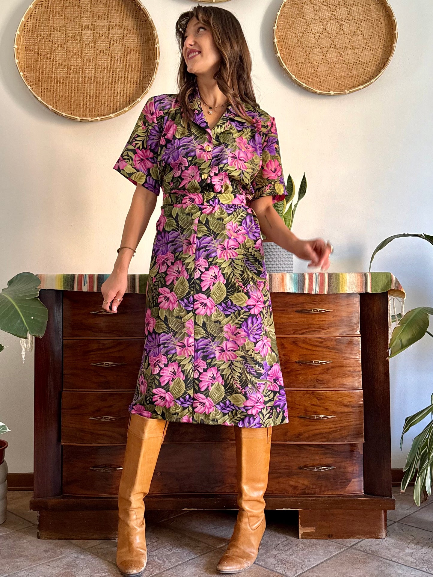 1960’s vintage, pink purple and green floral midi dress with matching belt