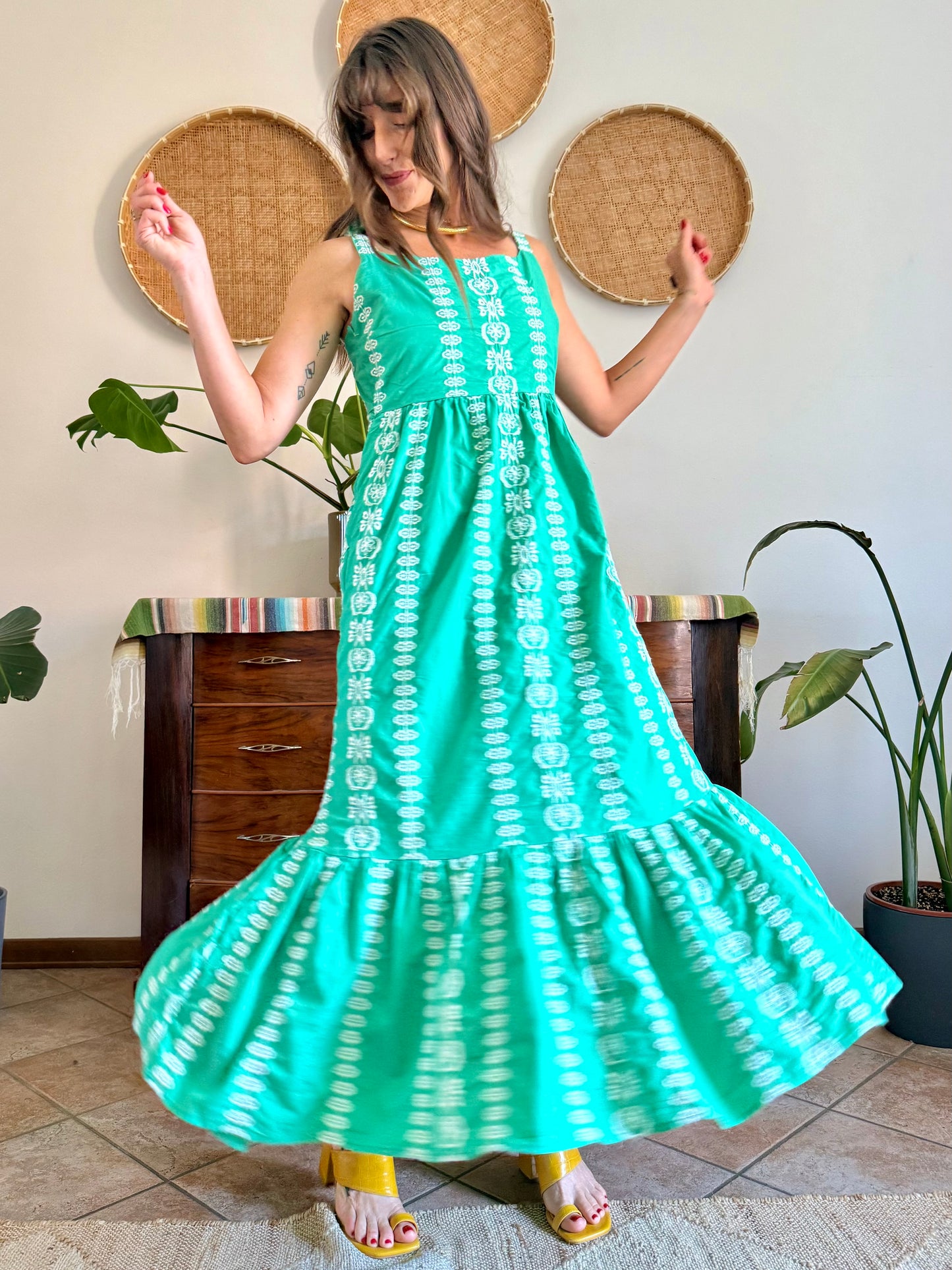 Y2K vintage green prairie maxi dress with white floral embroidery