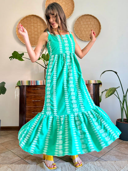 Y2K vintage green prairie maxi dress with white floral embroidery