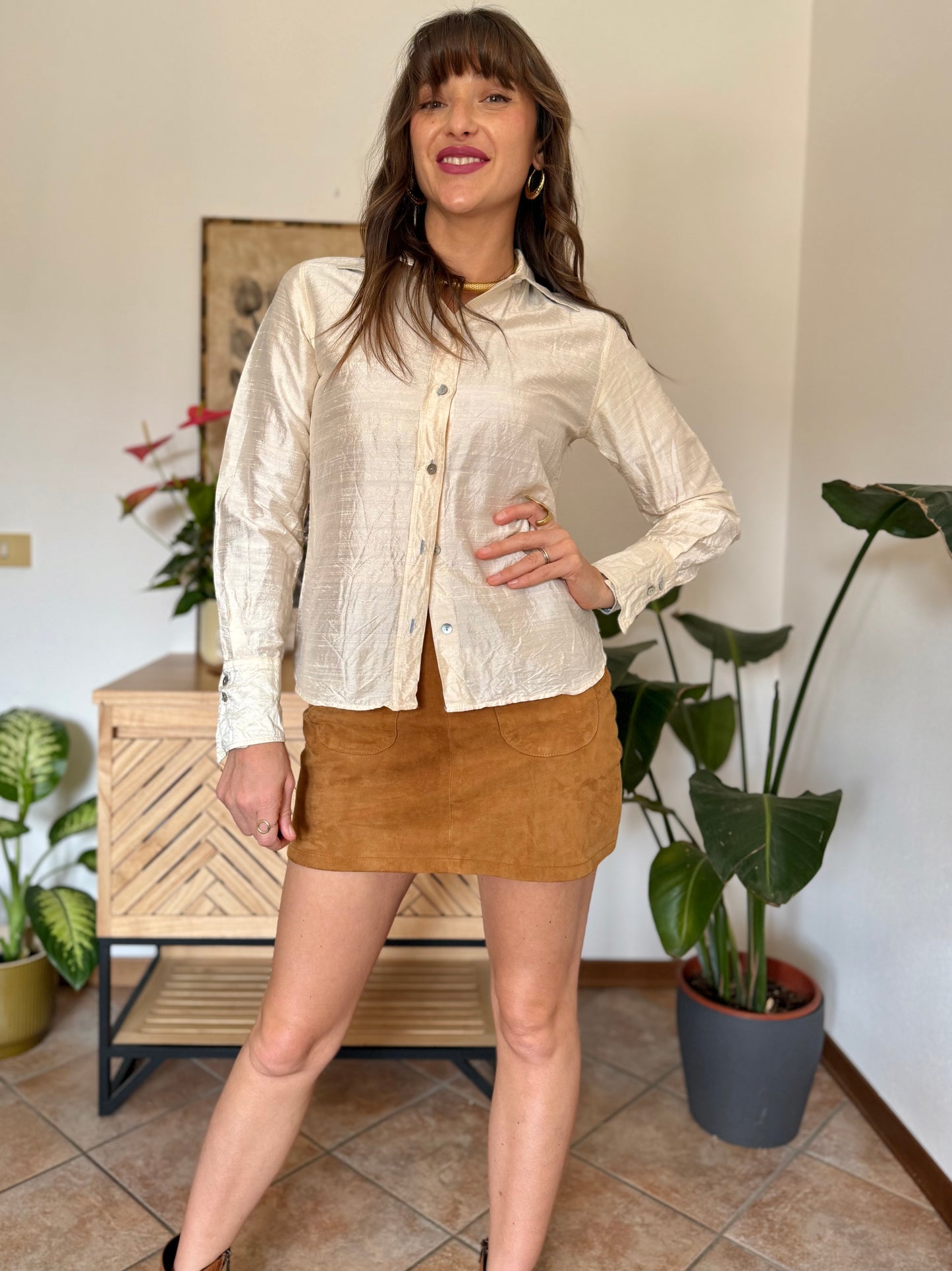 1990’s vintage cream raw silk textured blouse with mother of pearl buttons