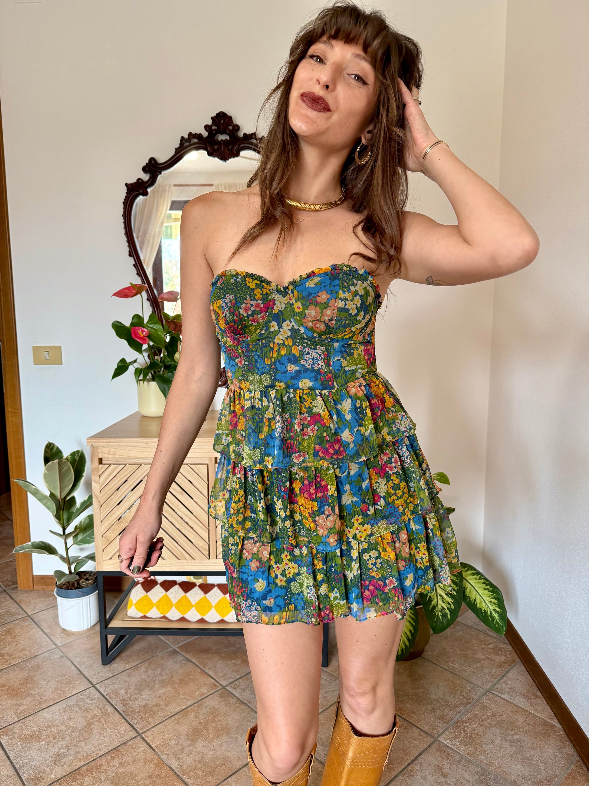 jewel tone mini dress Y2K vintage tiered jewel-tone floral mini dress with corset top – La Yucca  Vintage
