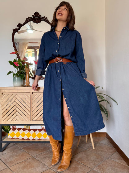 1970's vintage dark blue denim maxi dress