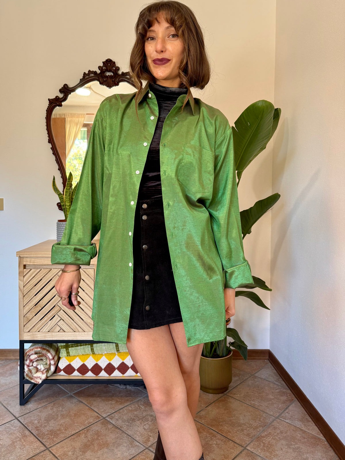 1970’s vintage oversize green and brown iridescent silk blouse