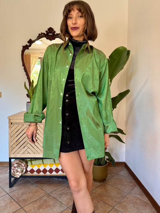 1970’s vintage oversize green and brown iridescent silk blouse