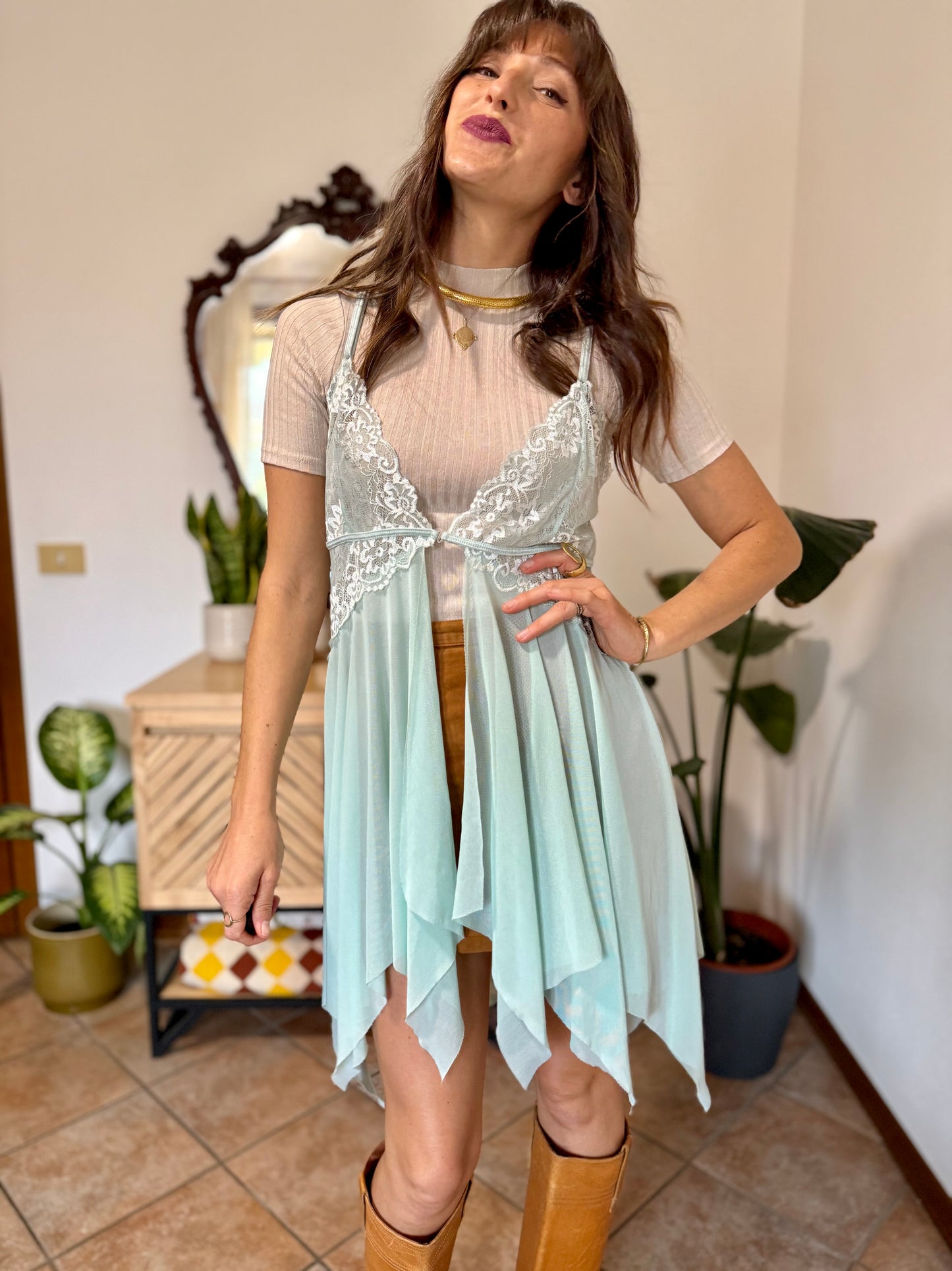 Y2K vintage asymmetrical light turquoise and lace slip
