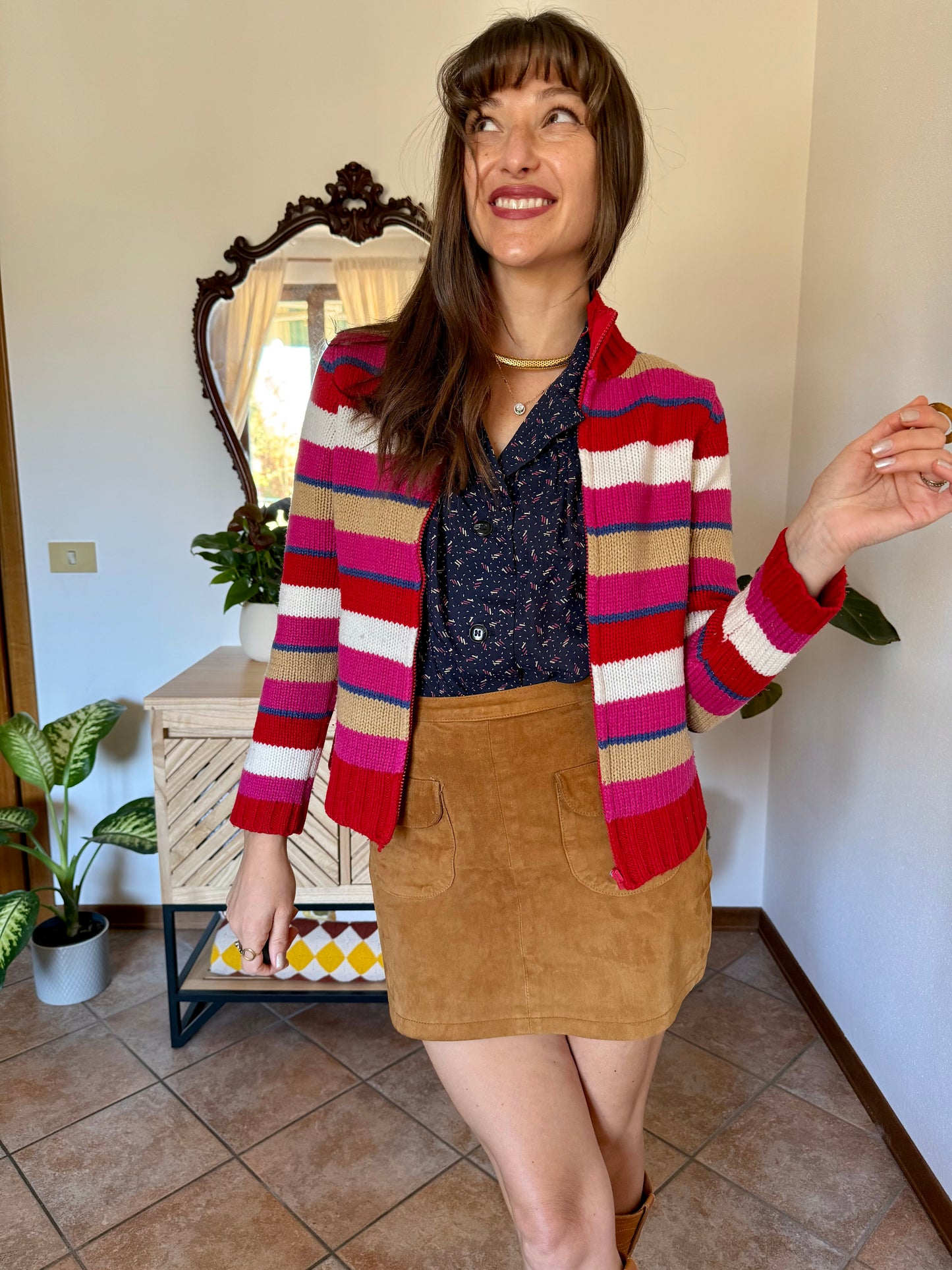 1990's vintage red, pink and blue stripe zip up wool knit cardigan