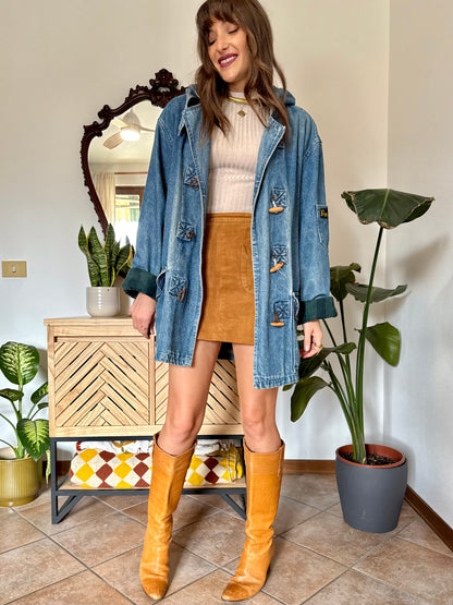 1990’s vintage denim duffle coat with green and navy plaid lining